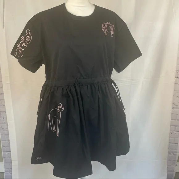 Lazy Oaf Embroidered Doodles Side Tie Black Dress 10 - Picture 3 of 14
